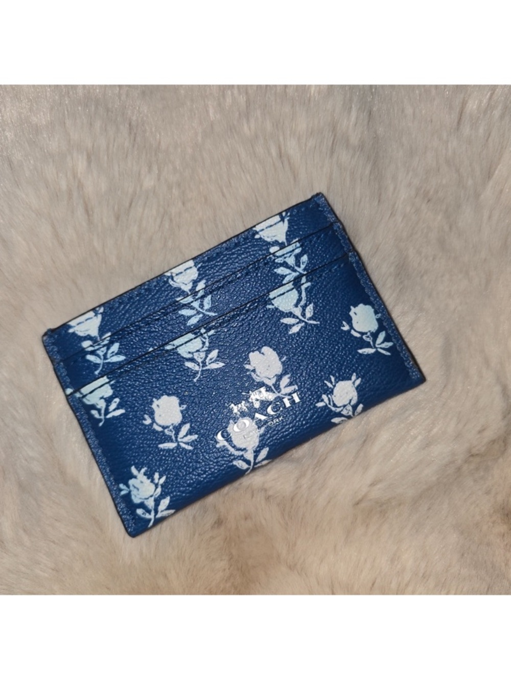 Coach Navy Card Case with White Rose Print
